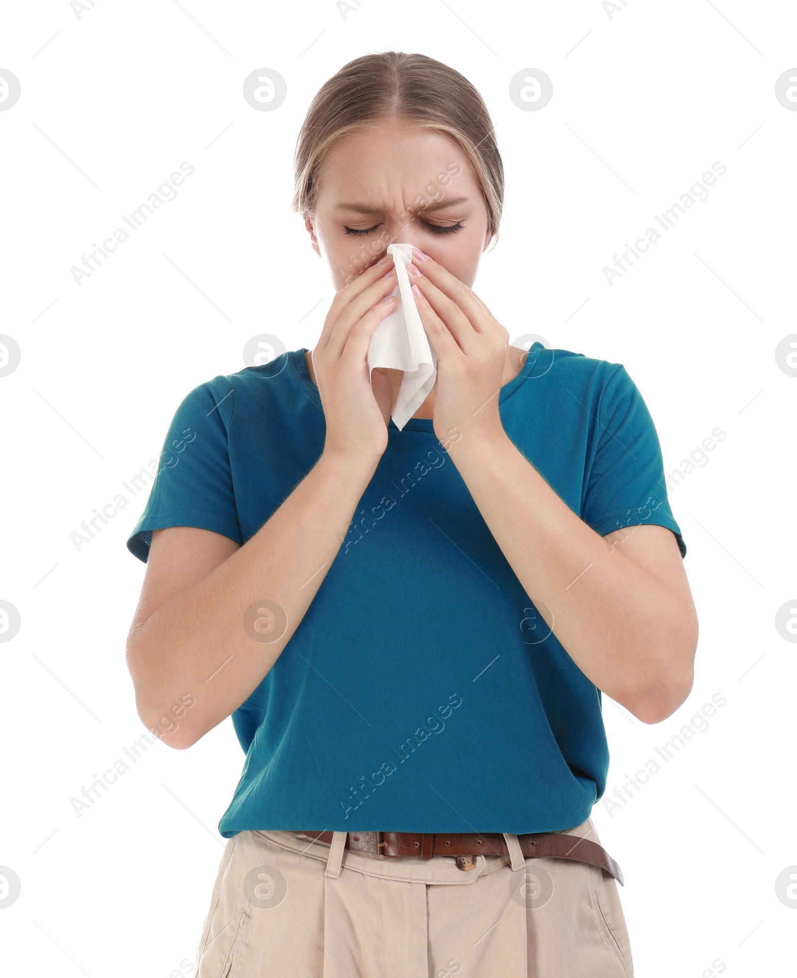 Photo of Young woman suffering from allergy on white background