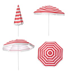 Image of Set with striped beach umbrellas on white background