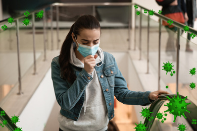 Image of Young woman wearing disposable mask on escalator in mall. Dangerous virus