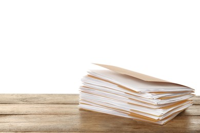 Photo of Stack of yellow files with documents on wooden table against white background. Space for text