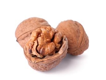 Walnuts in shell on white background, Organic snack