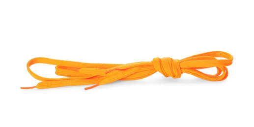 Photo of Orange shoe laces tied in knot isolated on white