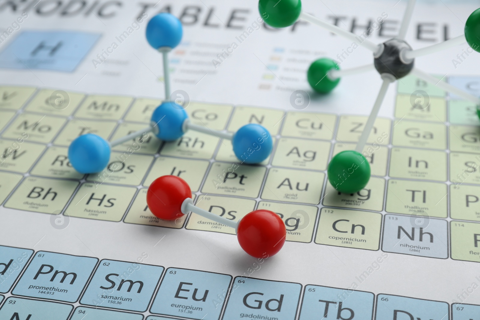 Photo of Molecular models on periodic table of chemical elements