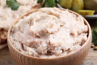 Lard spread in bowl on table, closeup