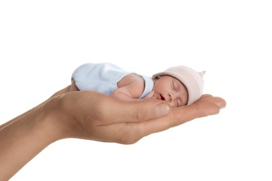 Image of Surrogacy concept. Woman holding adorable newborn baby on white background, closeup