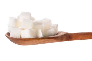Photo of Refined sugar cubes in wooden spoon on white background