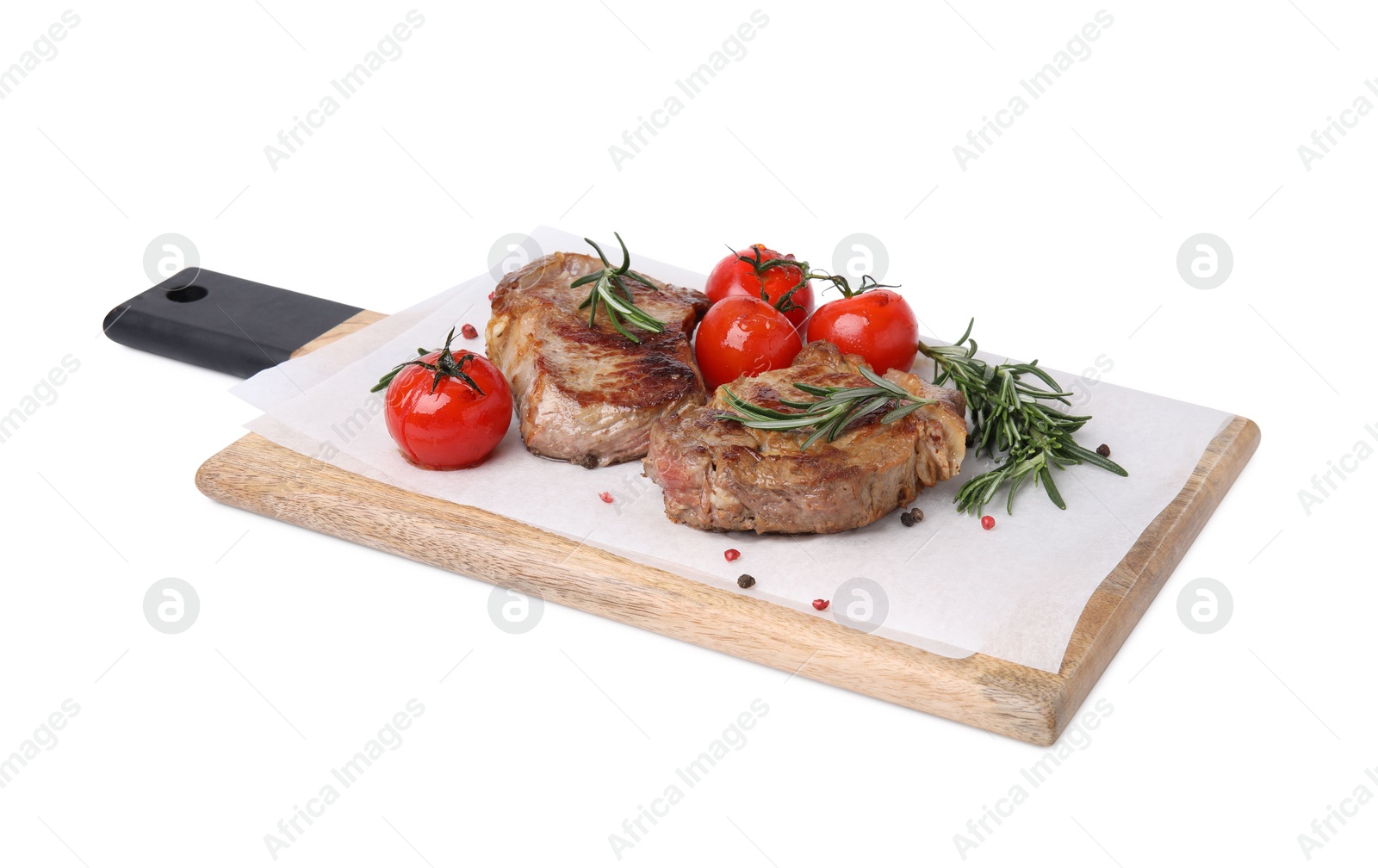 Photo of Delicious fried meat with rosemary, tomatoes and spices isolated on white