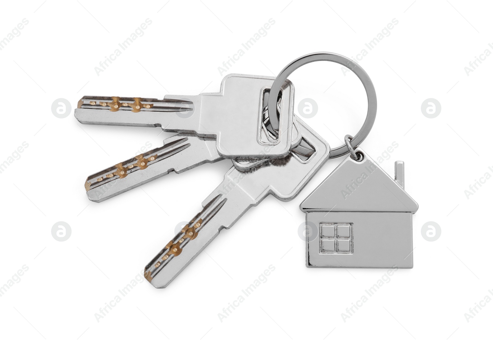 Photo of Keys with keychain in shape of house isolated on white, top view