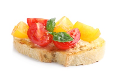 Photo of Delicious tomato bruschetta on white background. Traditional Italian antipasto