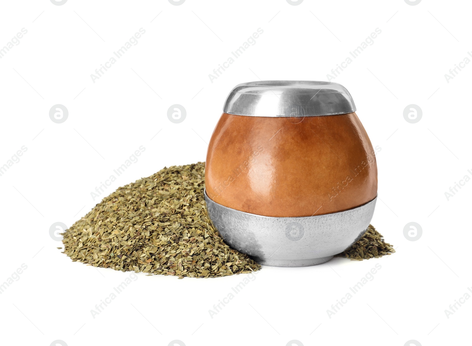 Photo of Calabash with mate tea on white background