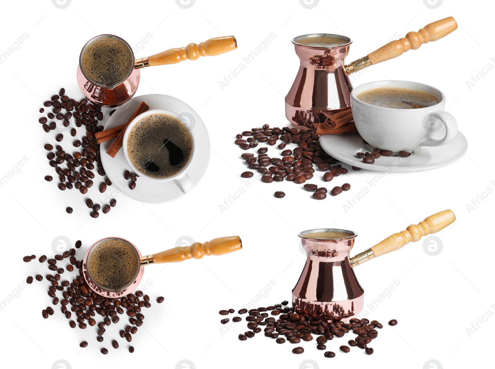 Image of Set with turkish coffee pots (cezve) with hot coffee and beans on white background