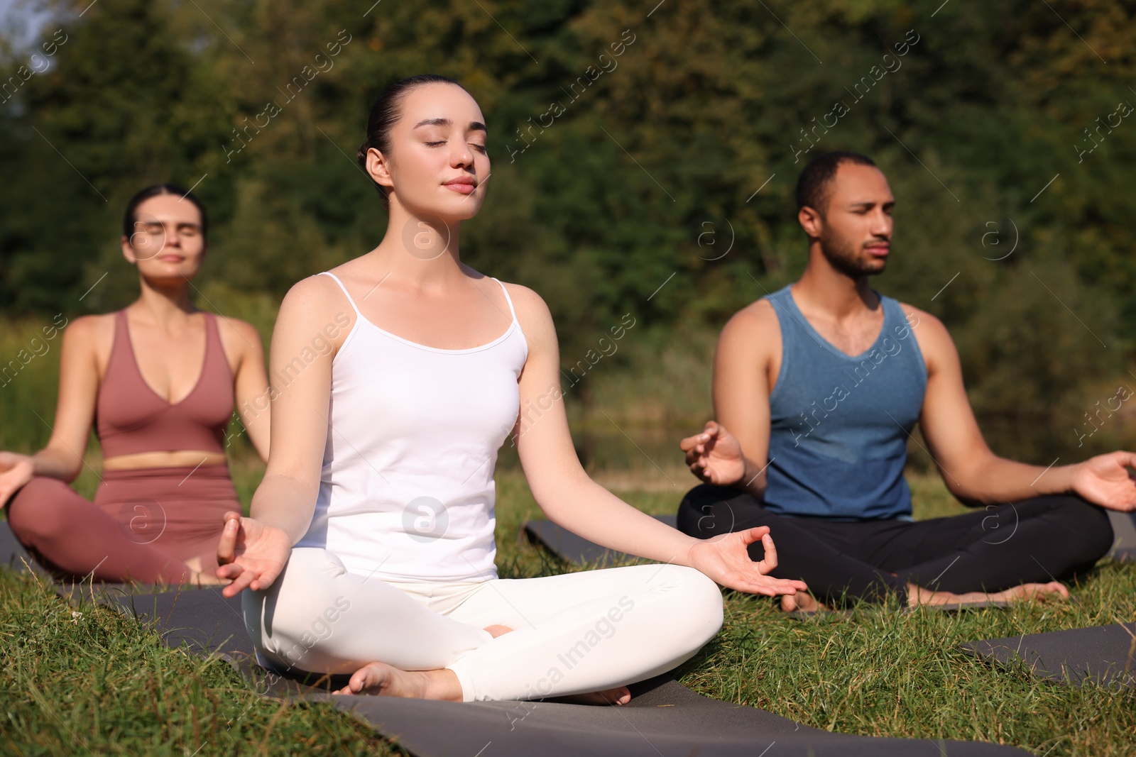 Photo of Group of people practicing yoga on mats outdoors. Lotus pose