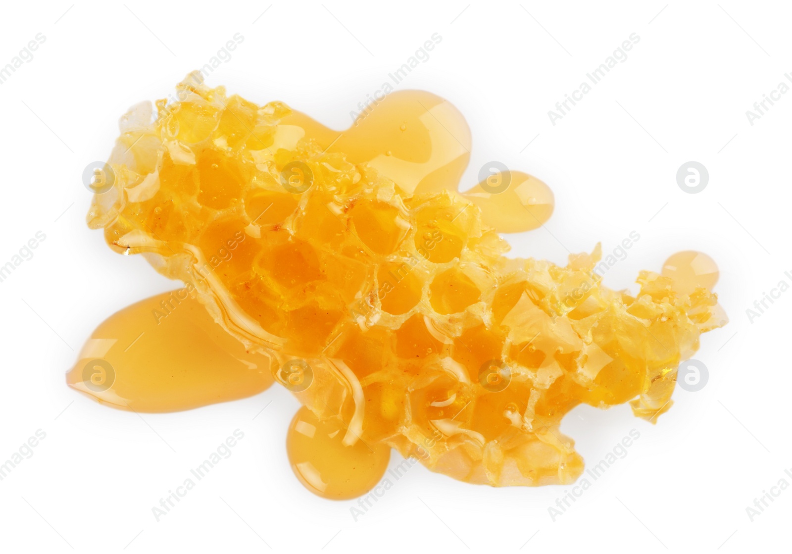 Photo of Piece of natural honeycomb with tasty honey isolated on white, top view