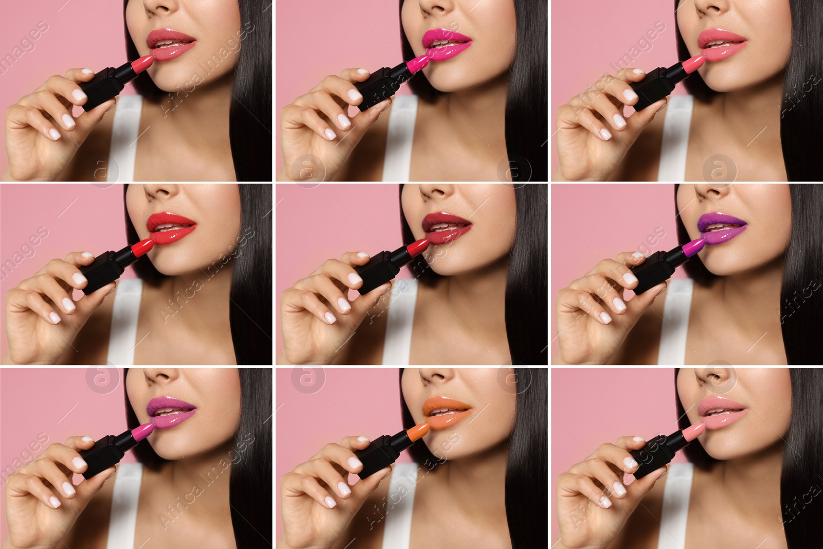 Image of Collage with photos of woman applying different beautiful lipsticks on pink background, closeup