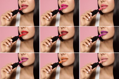 Collage with photos of woman applying different beautiful lipsticks on pink background, closeup