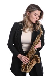 Beautiful young woman in elegant suit playing saxophone on white background