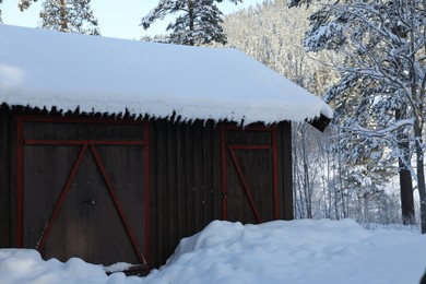 Wooden house and trees covered with snow on winter day