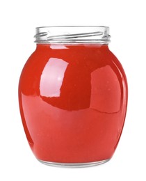 Photo of Delicious rowan jam in glass jar on white background