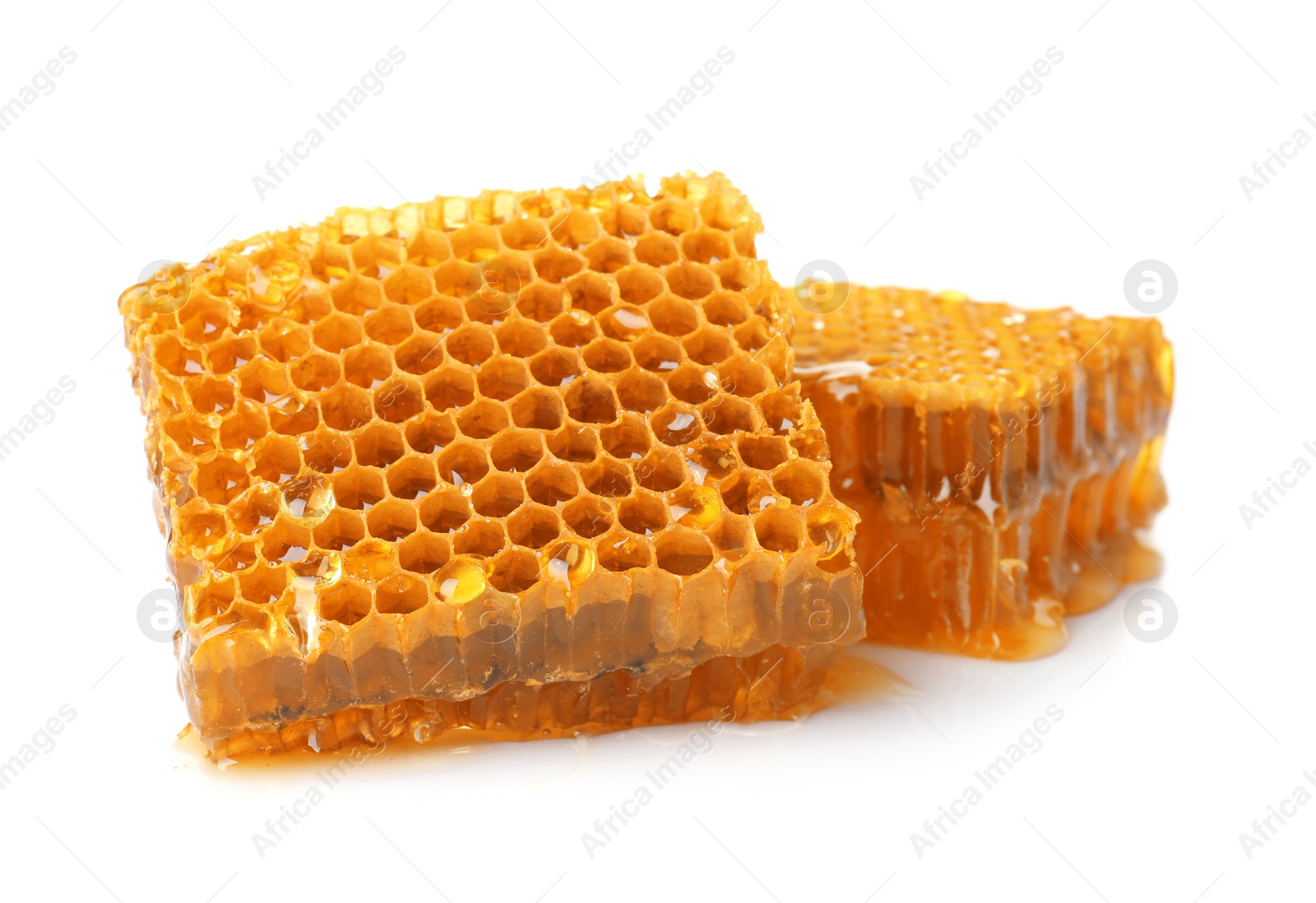 Photo of Fresh honeycombs on white background. Organic product