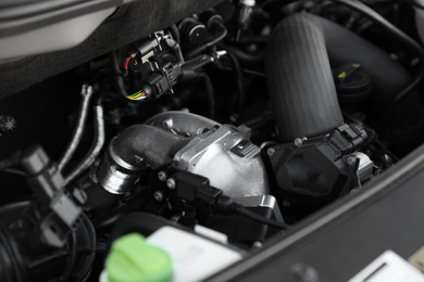 Closeup view of engine bay in modern car