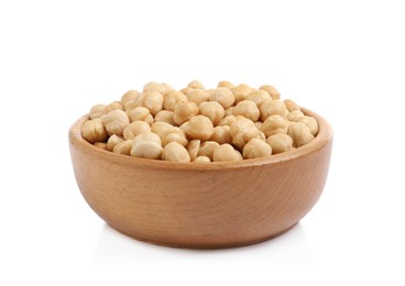Photo of Bowl with tasty organic hazelnuts on white background