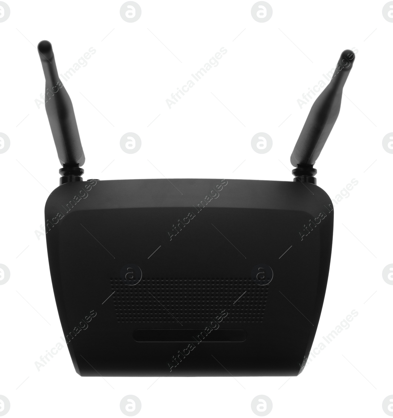 Photo of Modern Wi-Fi router on white background, top view