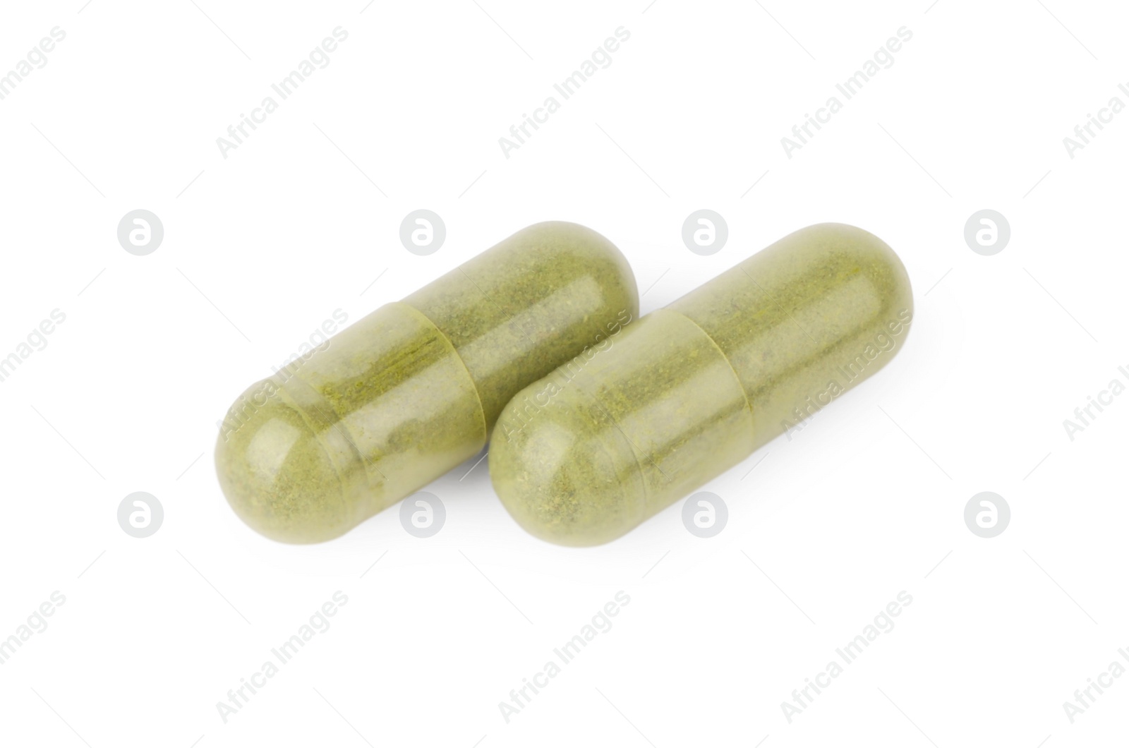 Photo of Vitamin capsules isolated on white, top view