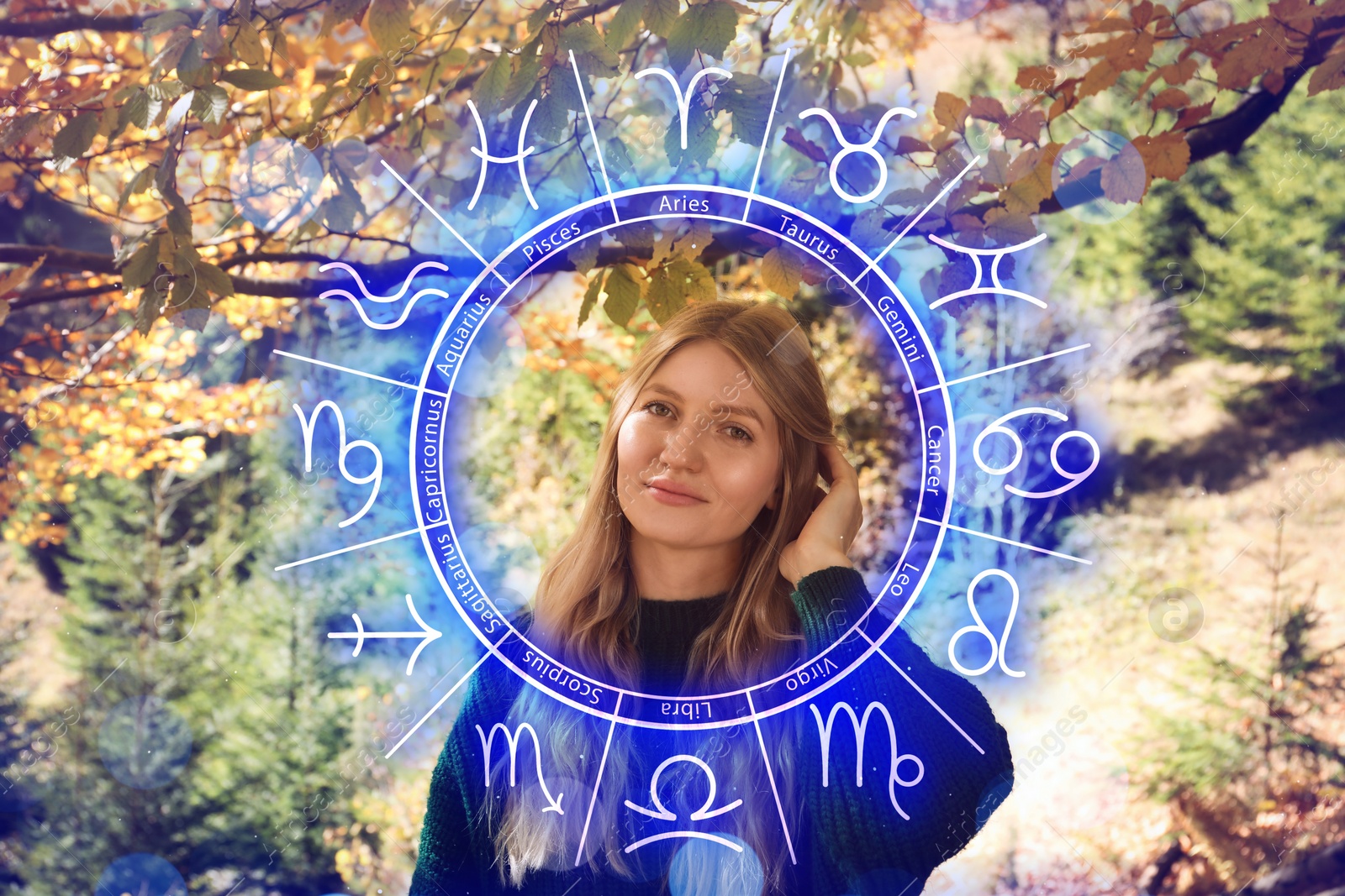 Image of Beautiful young woman outdoors and zodiac wheel illustration