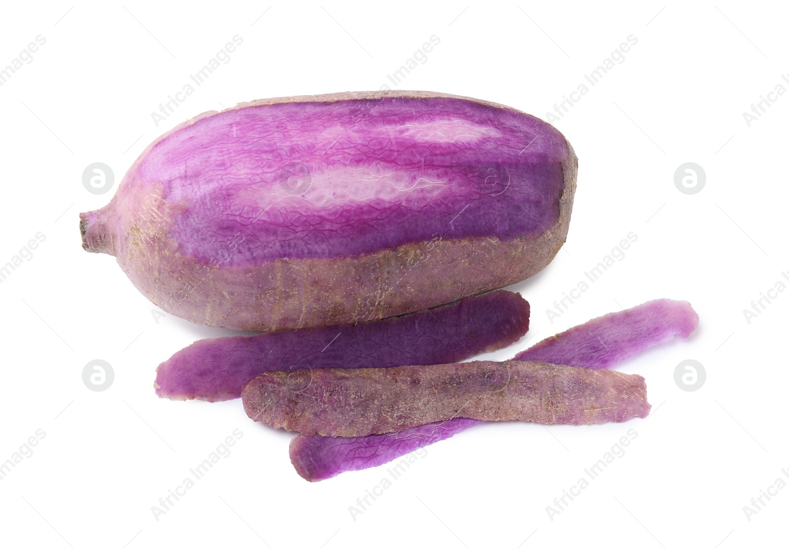 Photo of Peeled purple daikon radish isolated on white, top view