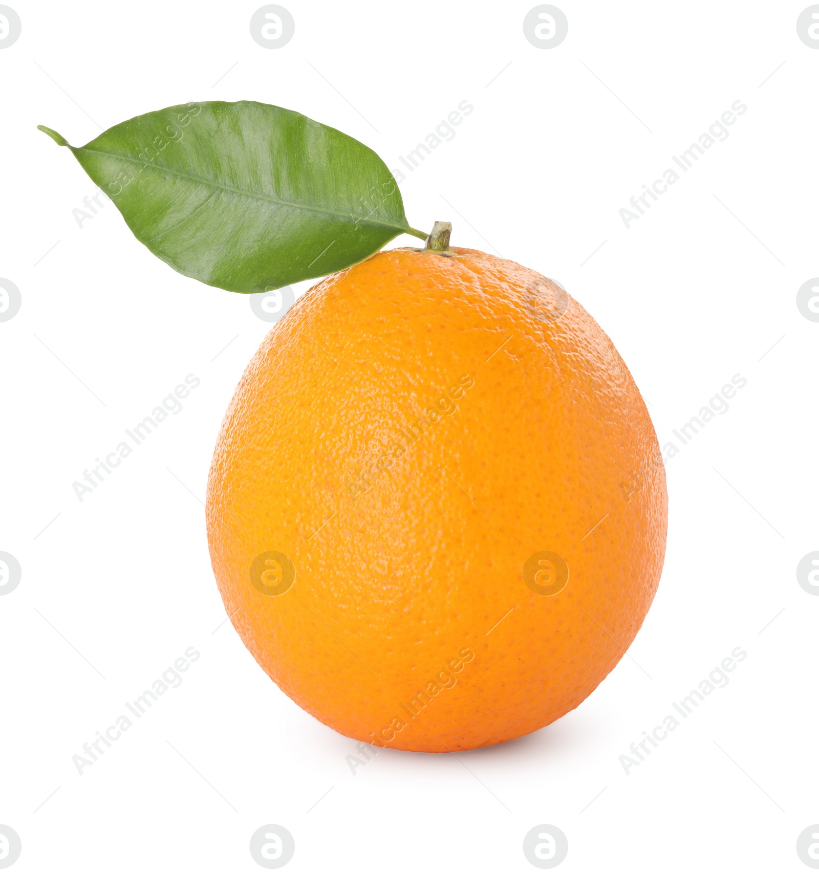 Photo of Fresh ripe orange with green leaf isolated on white