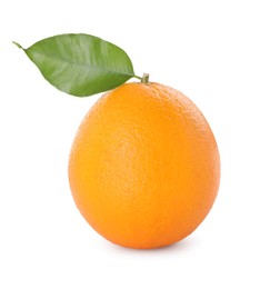Fresh ripe orange with green leaf isolated on white