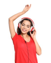 Photo of Young woman listening to Christmas music on white background