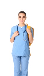 Photo of Young medical student with backpack on white background