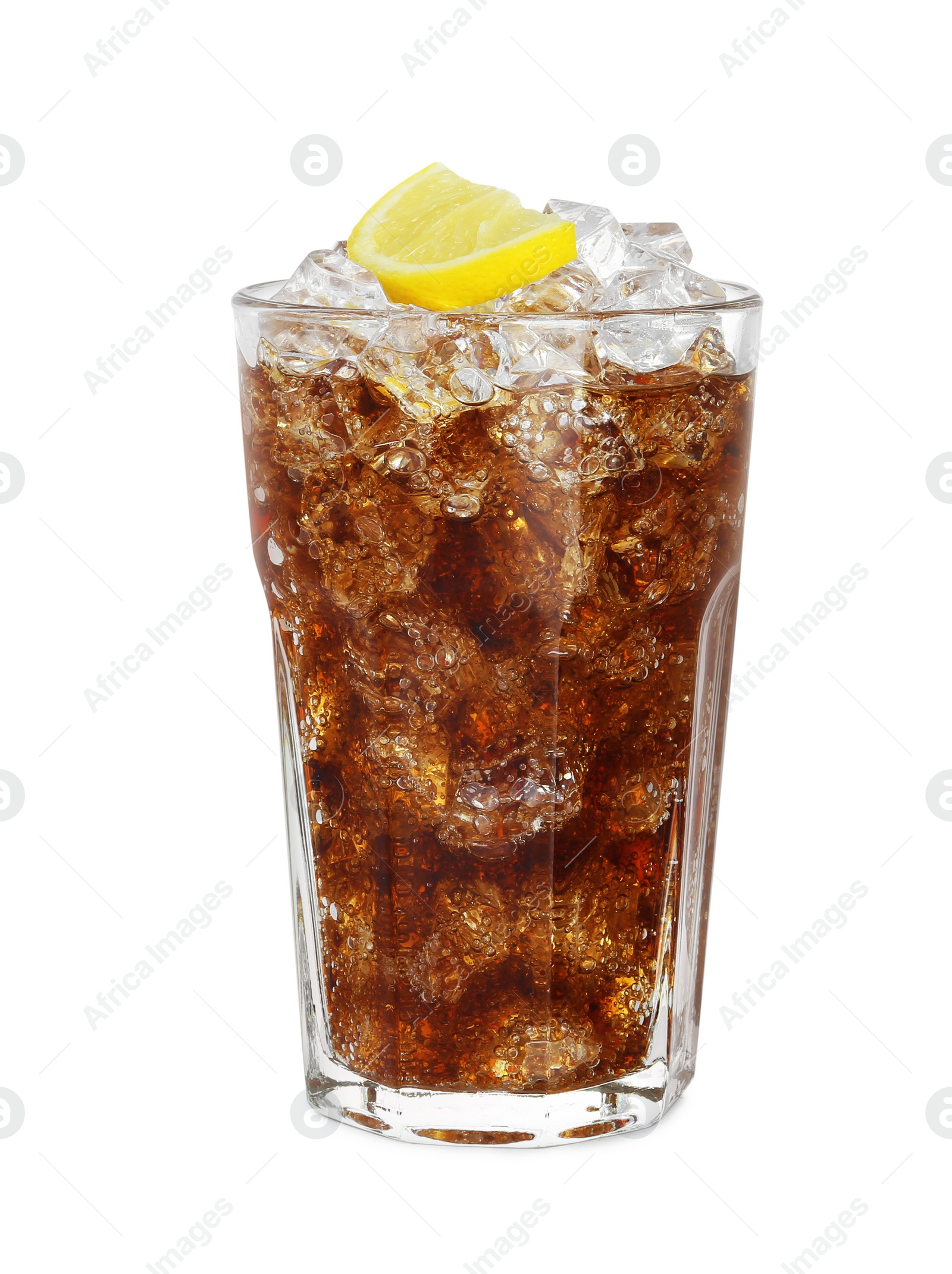 Photo of Glass of refreshing soda drink with ice cubes and lemon isolated on white