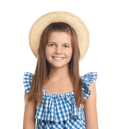 Photo of Portrait of preteen girl with hat on white background