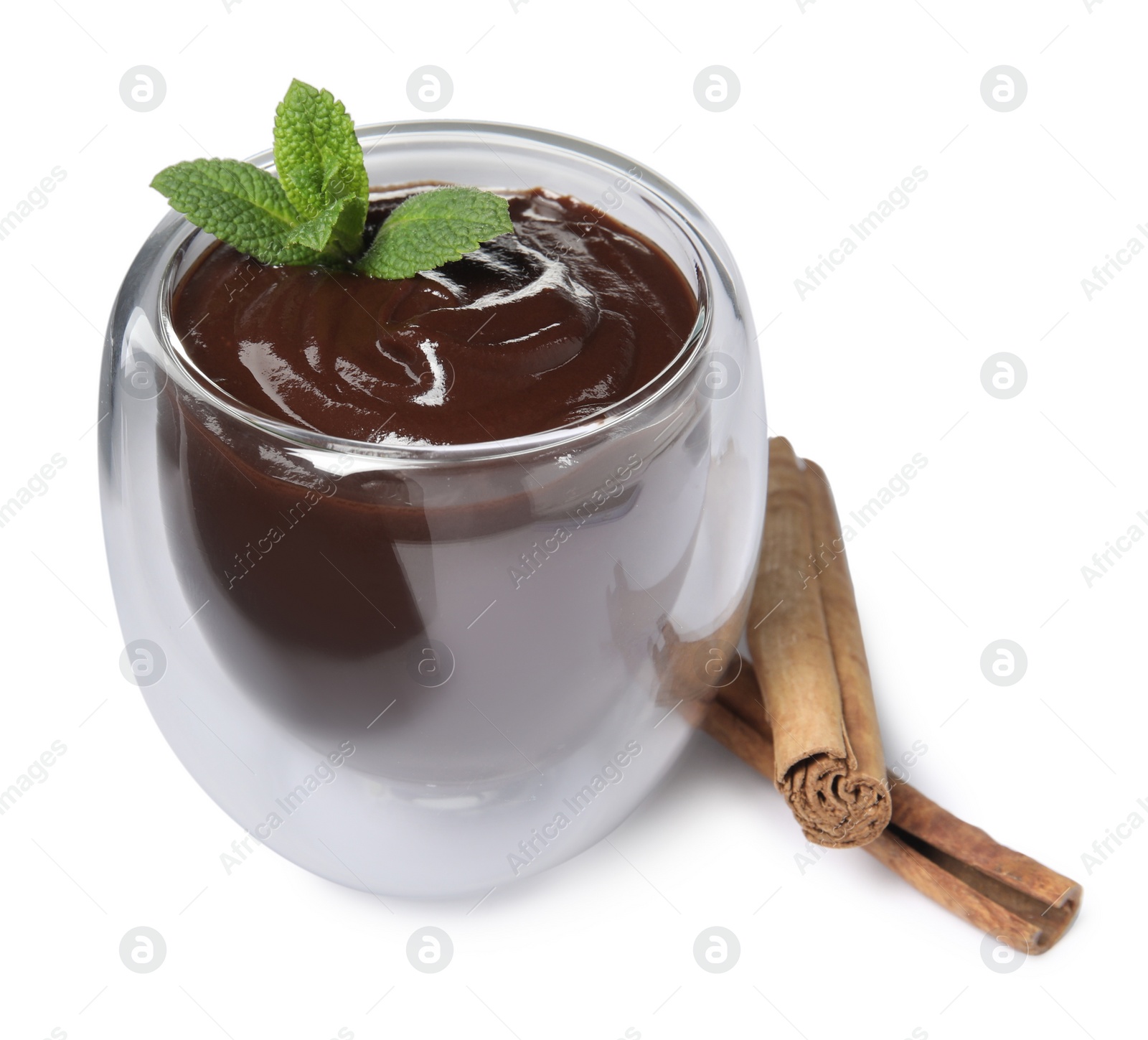 Photo of Glass of delicious hot chocolate with fresh mint and cinnamon sticks on white background