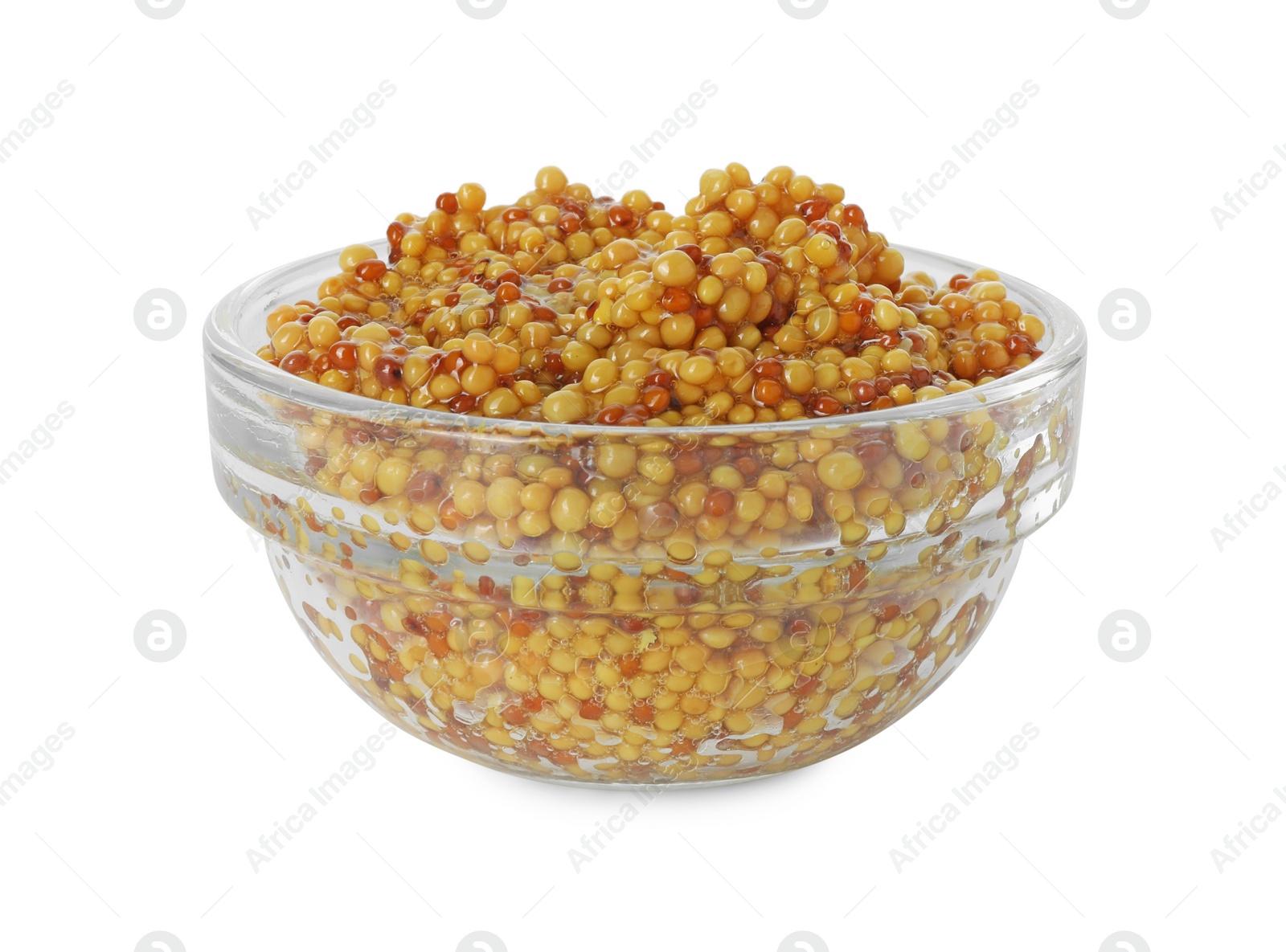 Photo of Fresh whole grain mustard in bowl isolated on white