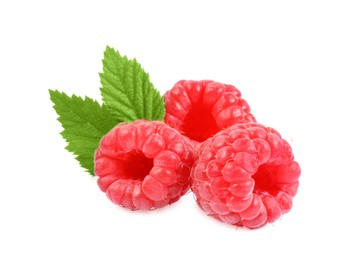 Photo of Fresh ripe raspberries and green leaves isolated on white