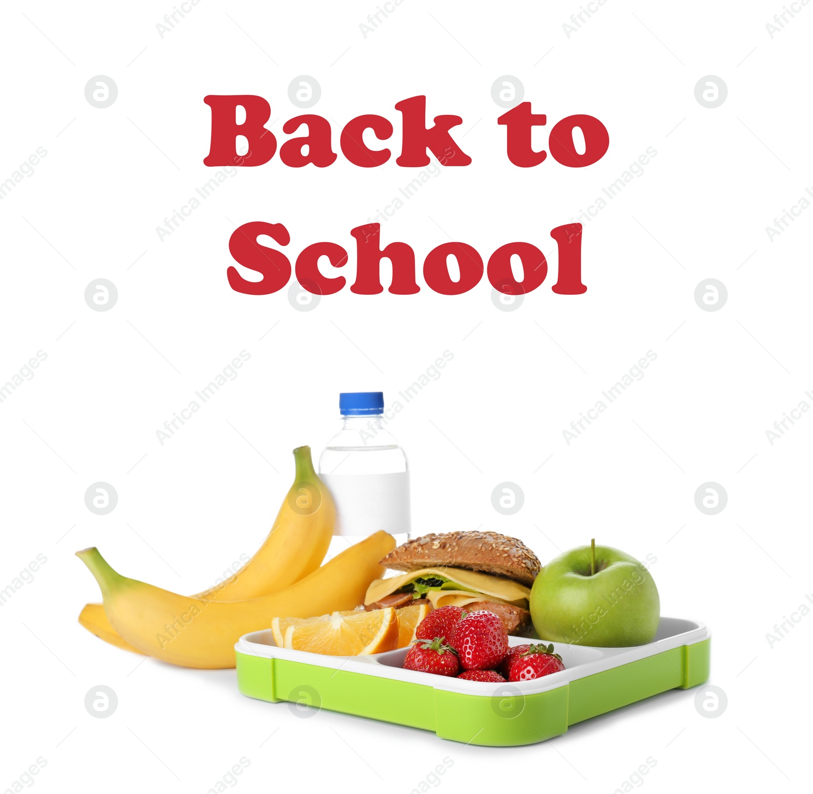 Image of Lunch box with healthy food for schoolchild on white background