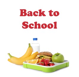 Image of Lunch box with healthy food for schoolchild on white background