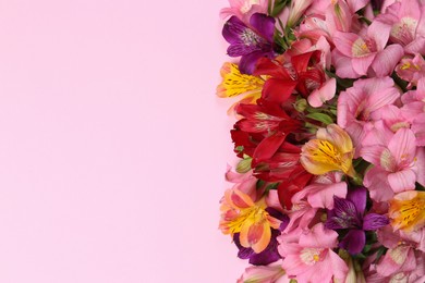 Photo of Flat lay composition with beautiful alstroemeria flowers on pale pink background, space for text