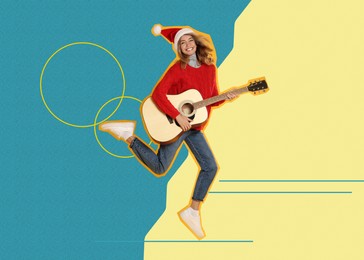Image of Pop art poster. Woman in Santa hat jumping while playing guitar on color background, pin up style