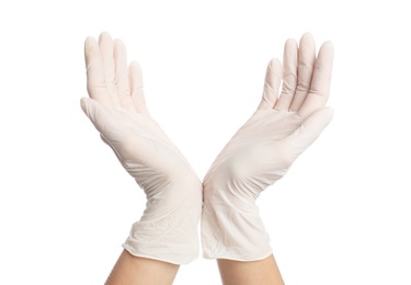 Photo of Doctor wearing medical gloves on white background, closeup