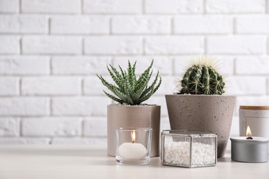 Beautiful Aloe and Cactus in pots with decor on grey table against white brick wall, space for text. Different house plants