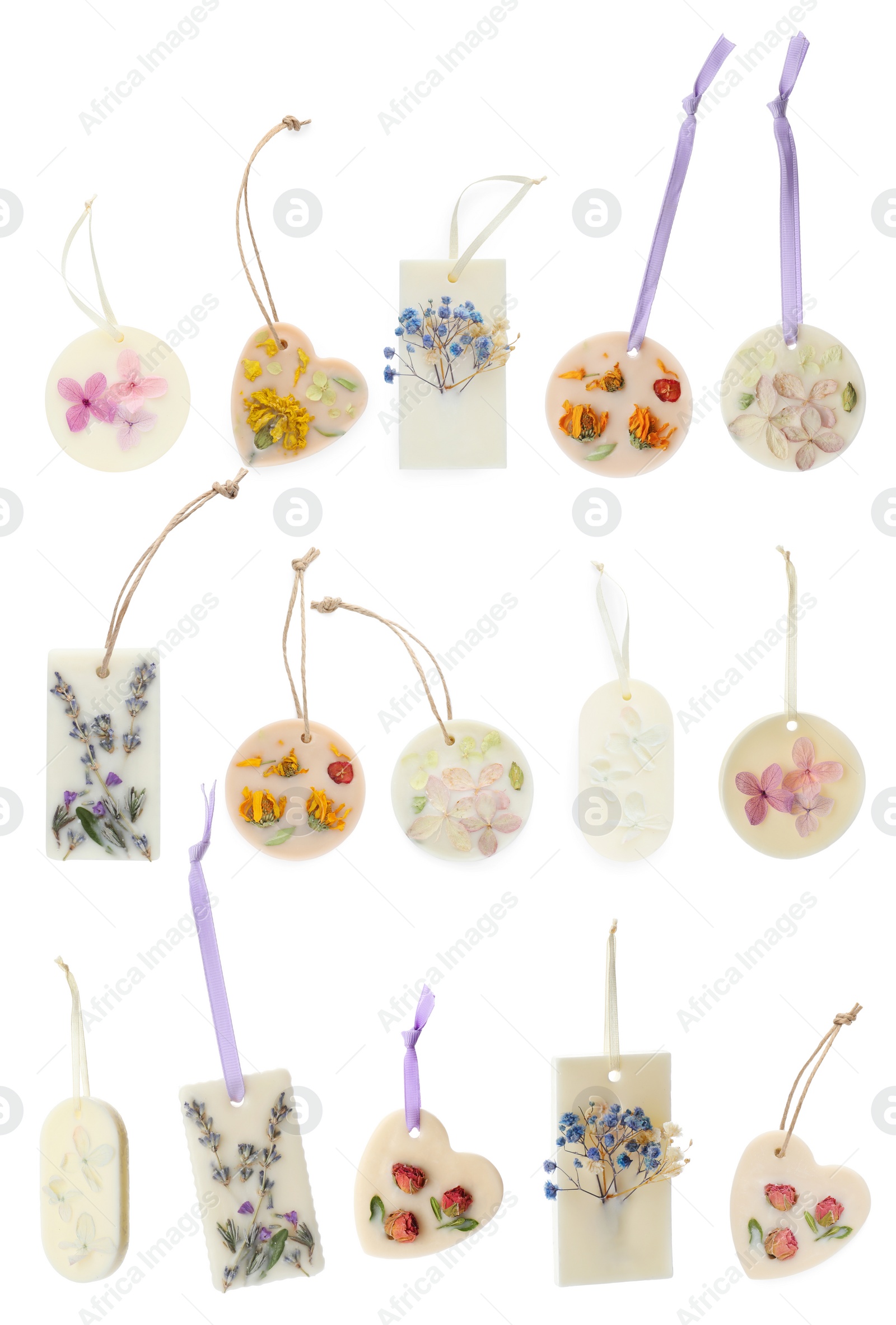 Image of Beautiful scented sachets with dried flowers on white background, collage