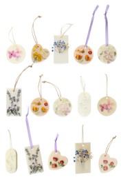 Beautiful scented sachets with dried flowers on white background, collage