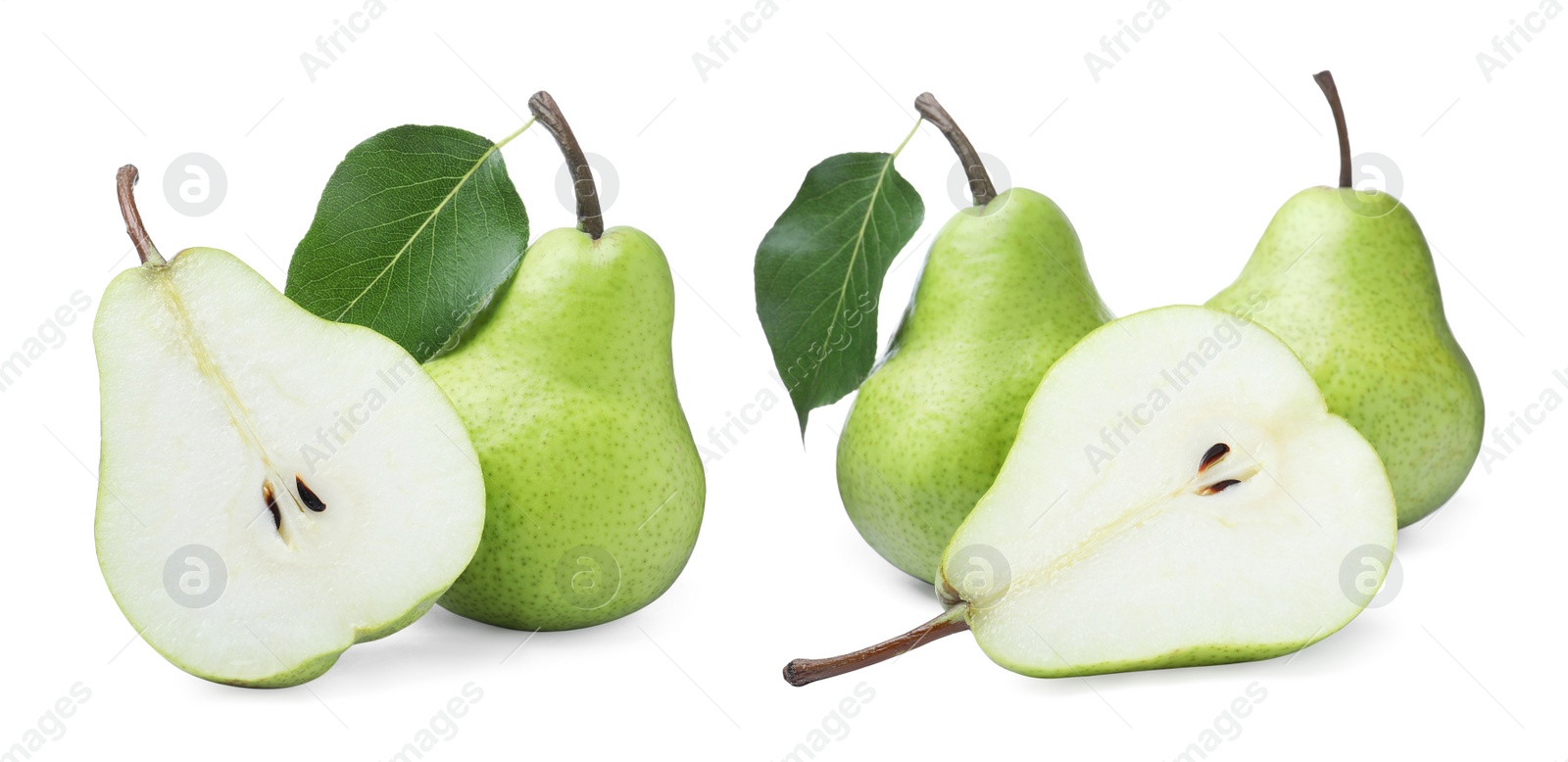 Image of Set with tasty ripe pears on white background. Banner design