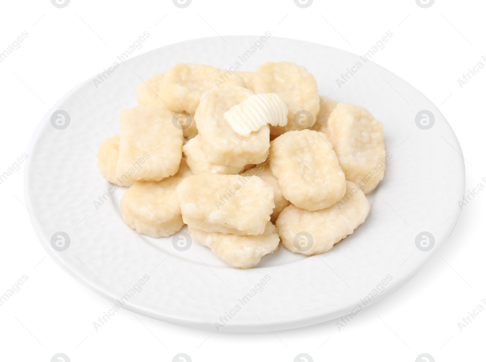 Photo of Plate of tasty lazy dumplings with butter isolated on white