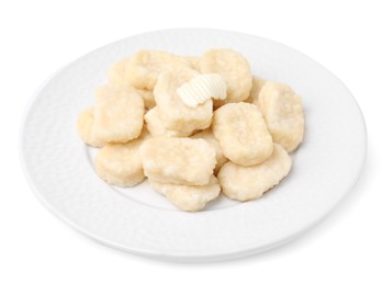 Photo of Plate of tasty lazy dumplings with butter isolated on white
