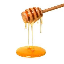 Natural honey dripping from dipper on white background